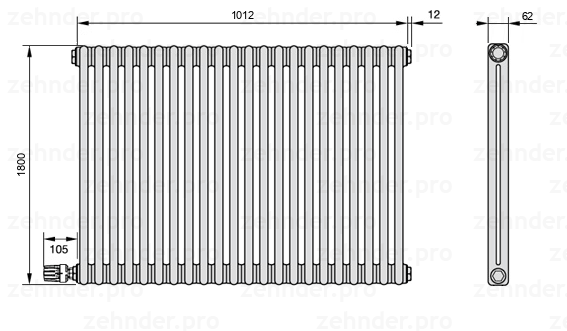 Схема (чертеж) Радиатор Zehnder Charleston 2180/22 №V003 Technoline TL